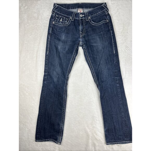 True Religion Jeans Straight Leg Blue Men's Size 31 X 32 Dark Blue Flap Pockets - Picture 2 of 15